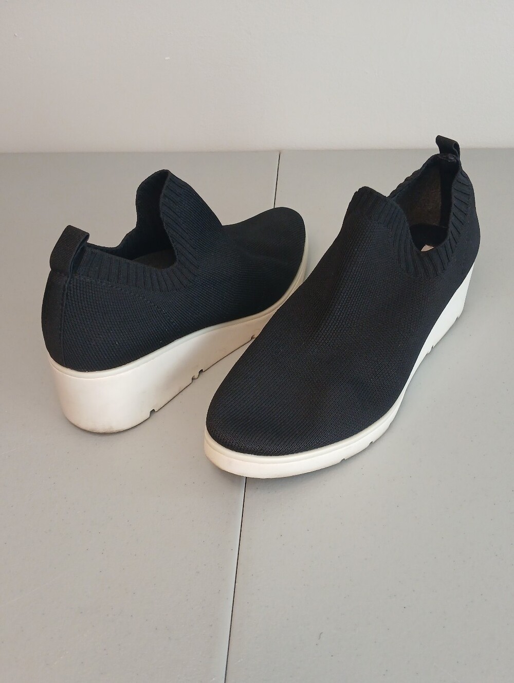 Black Ribbed Knit Slip On Wedge Platform Loafers 10